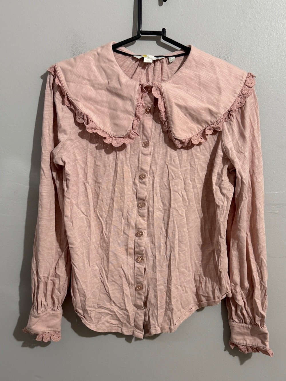 Boden Blouse Womens 2 P Pink Oversized Peter Pan Collar Eyelet Ruffle Button